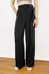 Black Buckle Strap Detail Pleated Front Wide Leg Pants