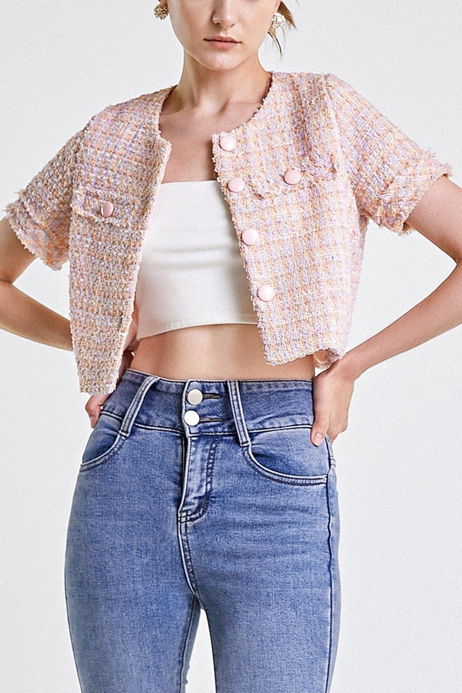 Pink Button-Up Short Sleeve Cropped Tweed Jacket
