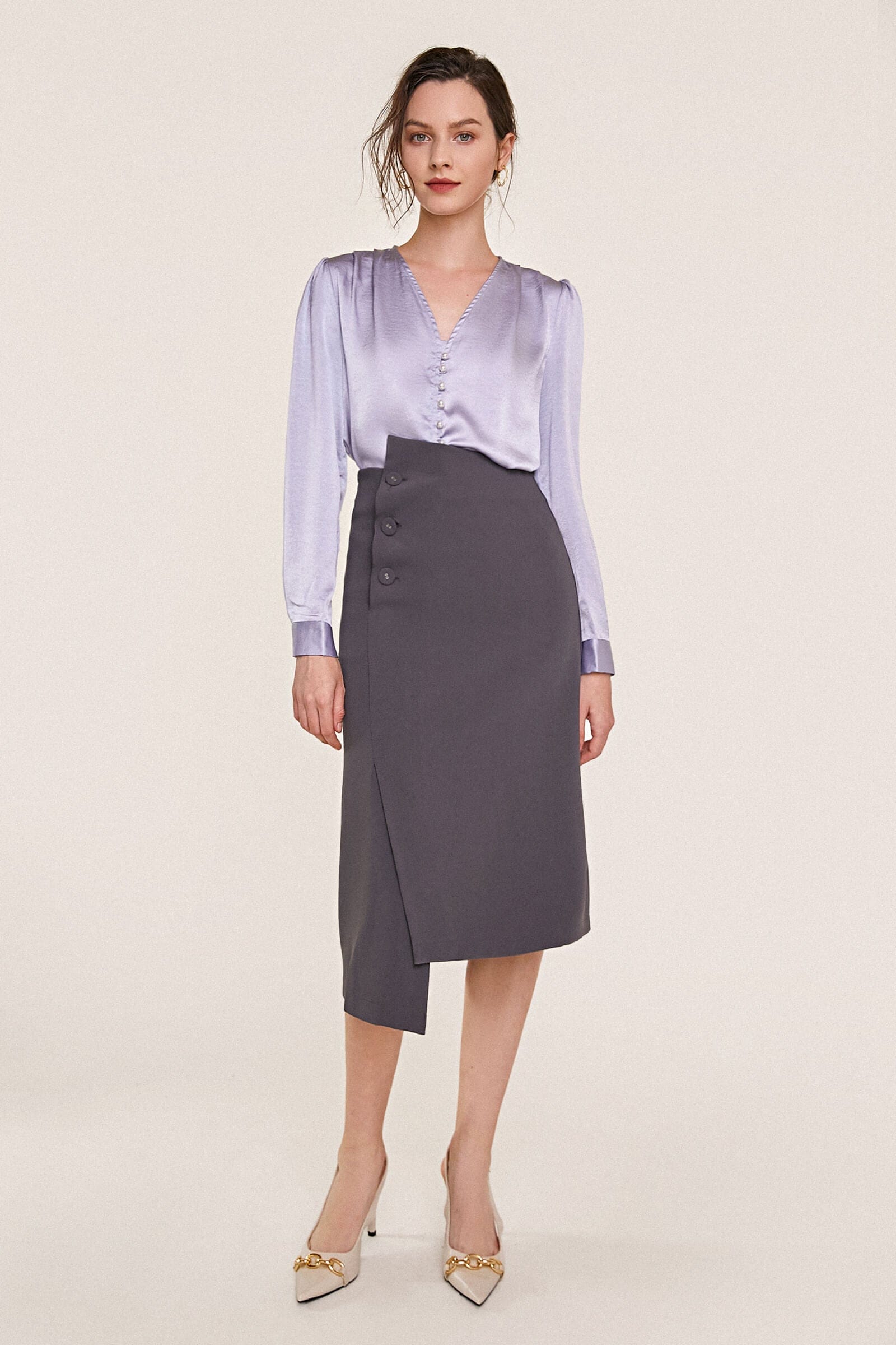 Light Steel Blue V-Neck Long Sleeve Satin Work Blouse