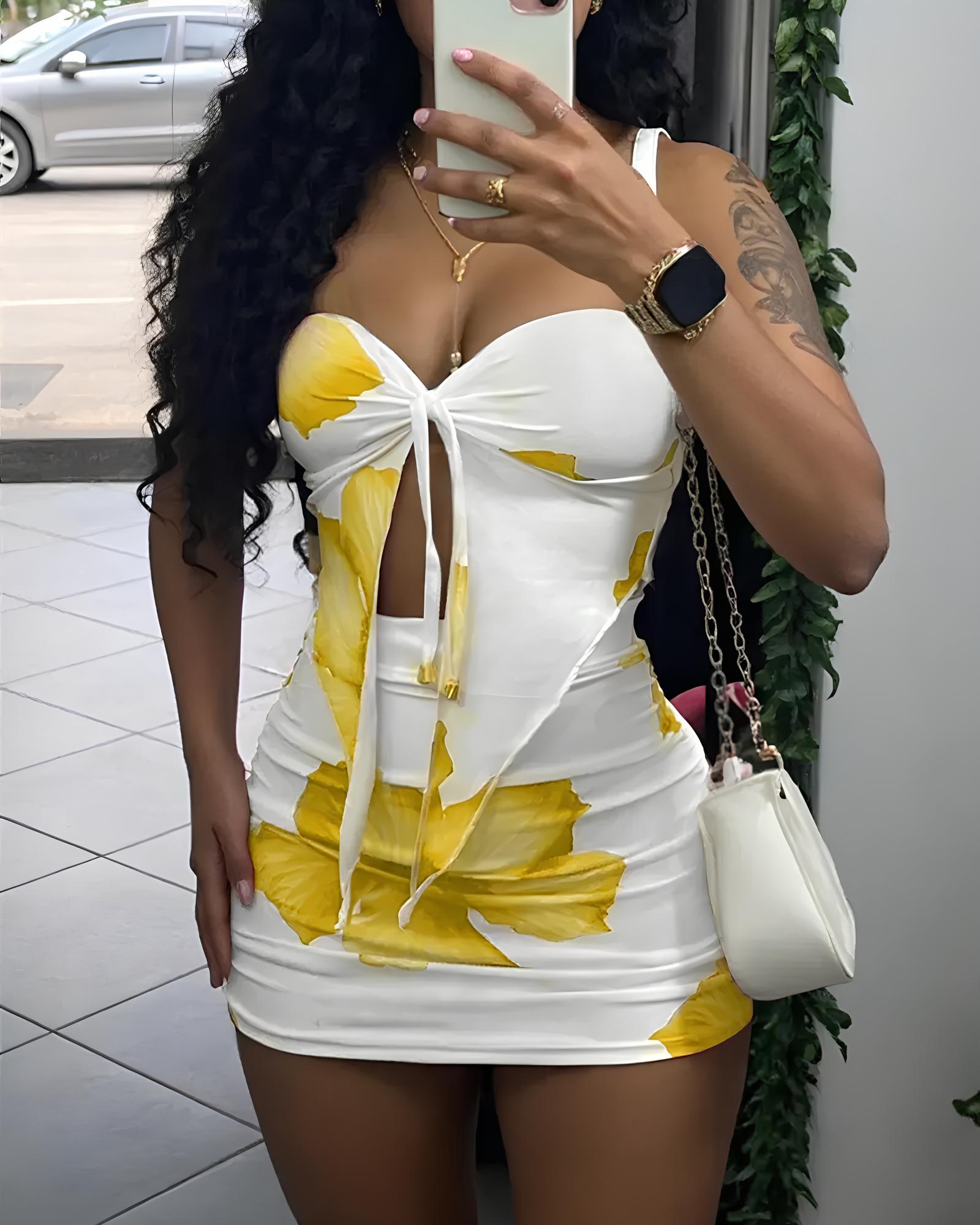 Beach Vacation Floral Print Strapless Top and Tight Skirt Set