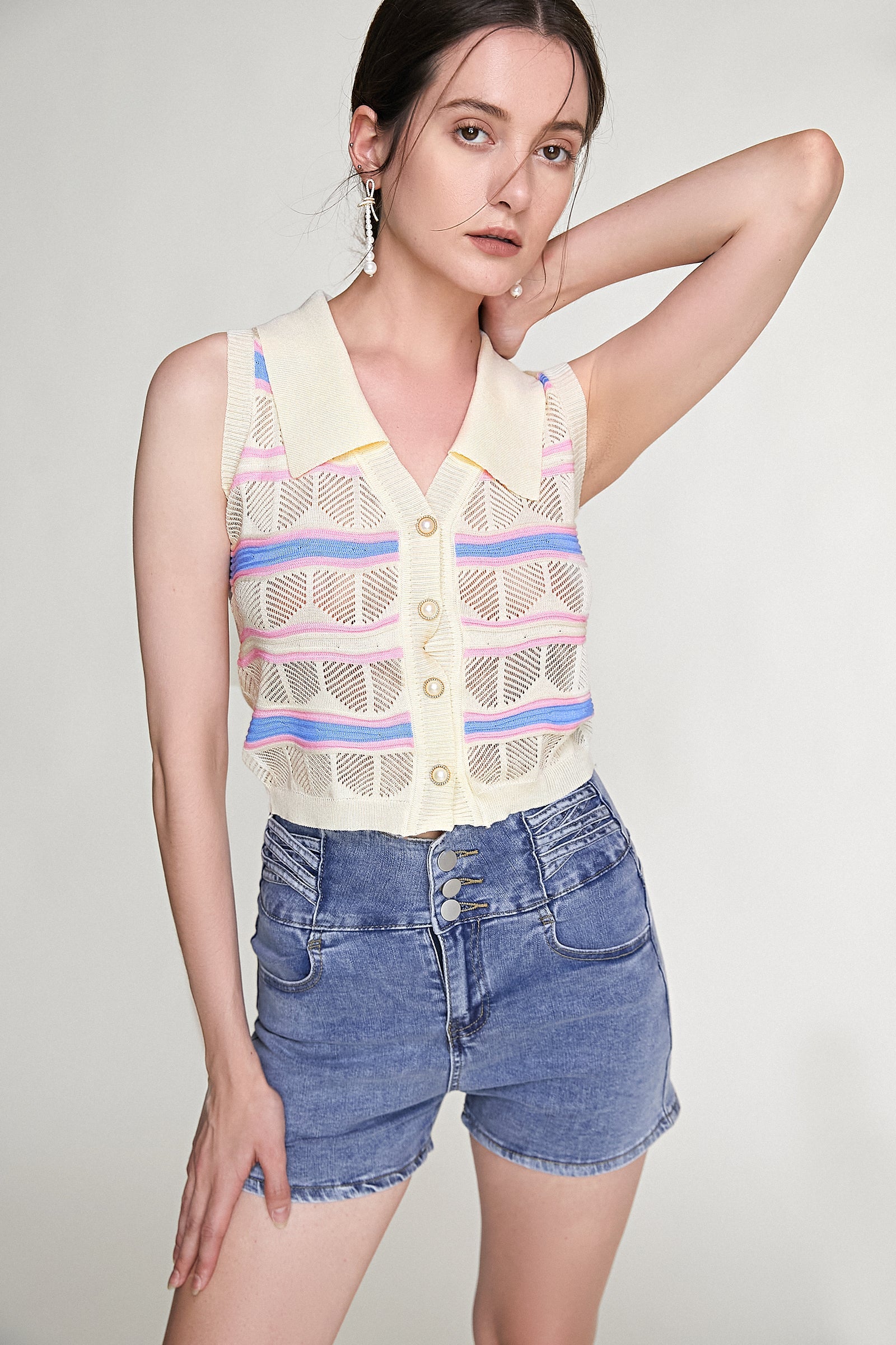 Ivory Striped Button-Up Knitted Collar Vest