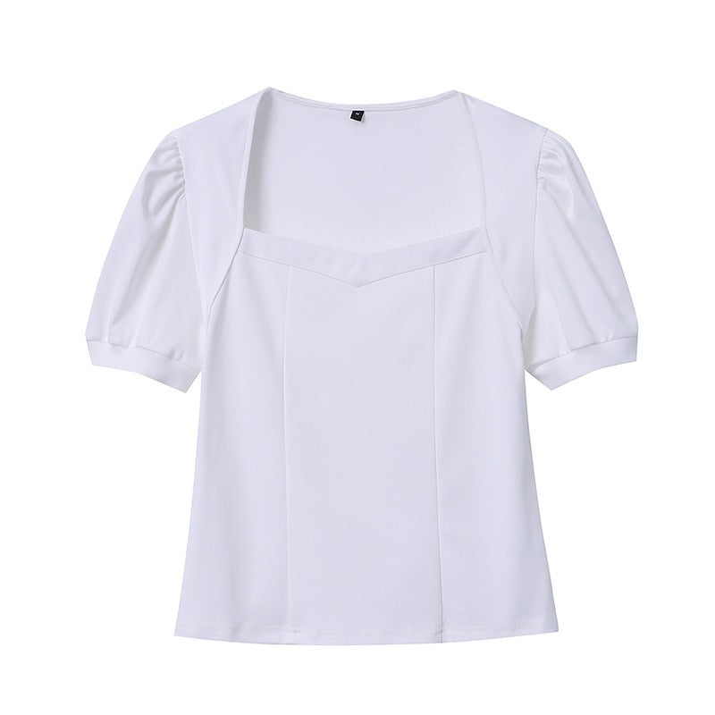 French love square collar bubble short sleeve T-shirt