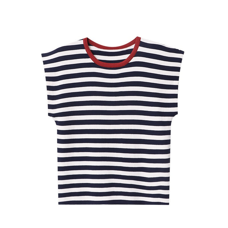 French Layered Striped Small Fly Sleeve Crew Neck Knitted Sweater T-Shirt