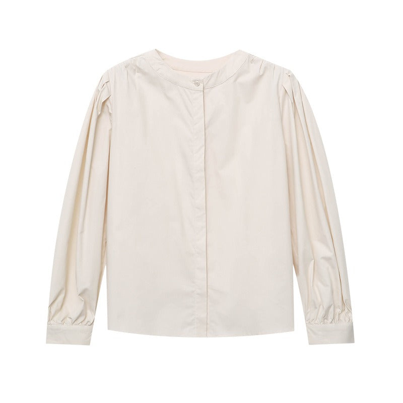 French Retro Round Neck Pleated Loose Long-Sleeved Shirt