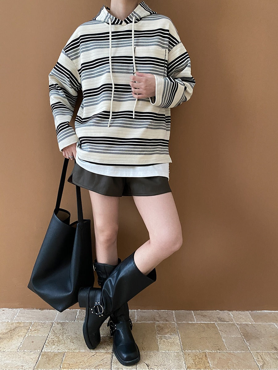 Trendy Contrasting Striped Drawstring Hooded Sweater