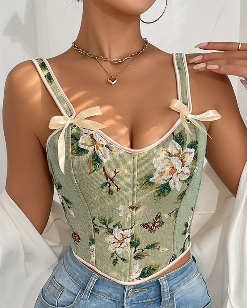 French Style Bow Lace-Up Floral Body Shaper Women's Sling Printed Slim-Fit Vest Corset