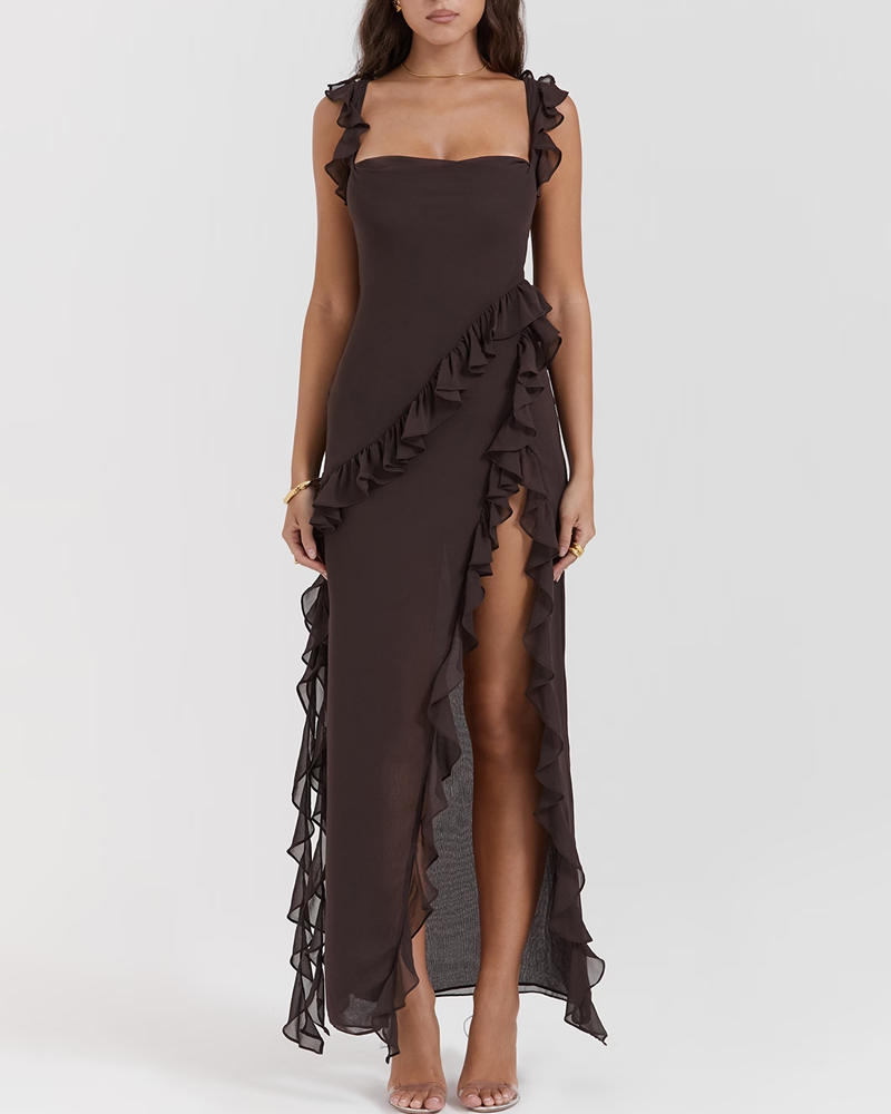 Ruffle Trim Slit Maxi Dress
