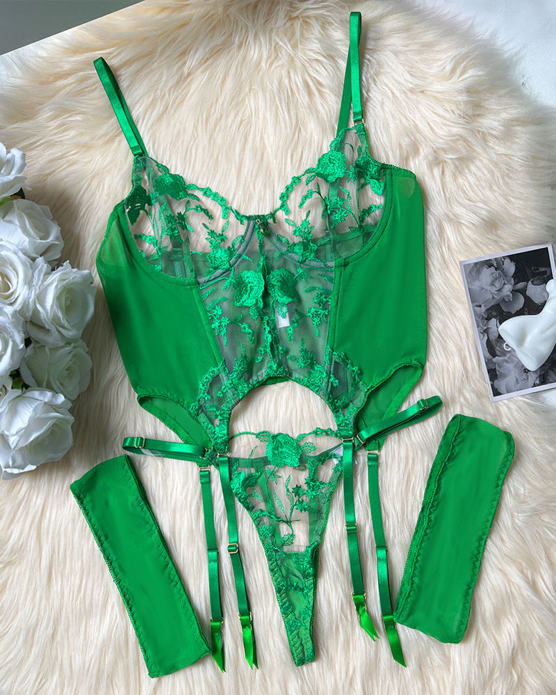Sheer Embroidered Mesh Lingerie Set