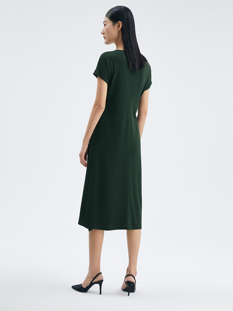 Asymmetrical Pleated Gathered Waist Midi Dress