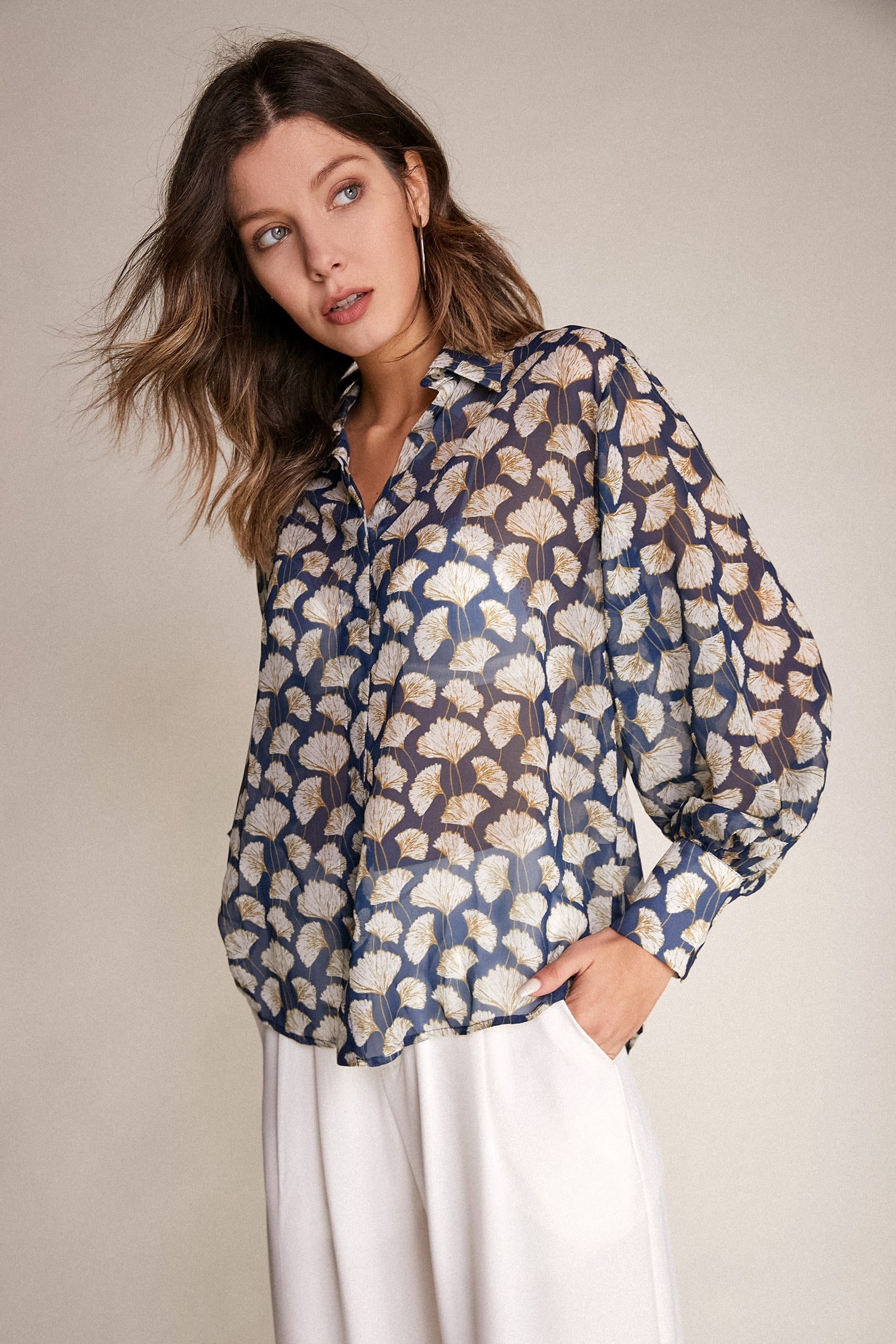 Dark Blue Leaf Print Button-Up Shirt