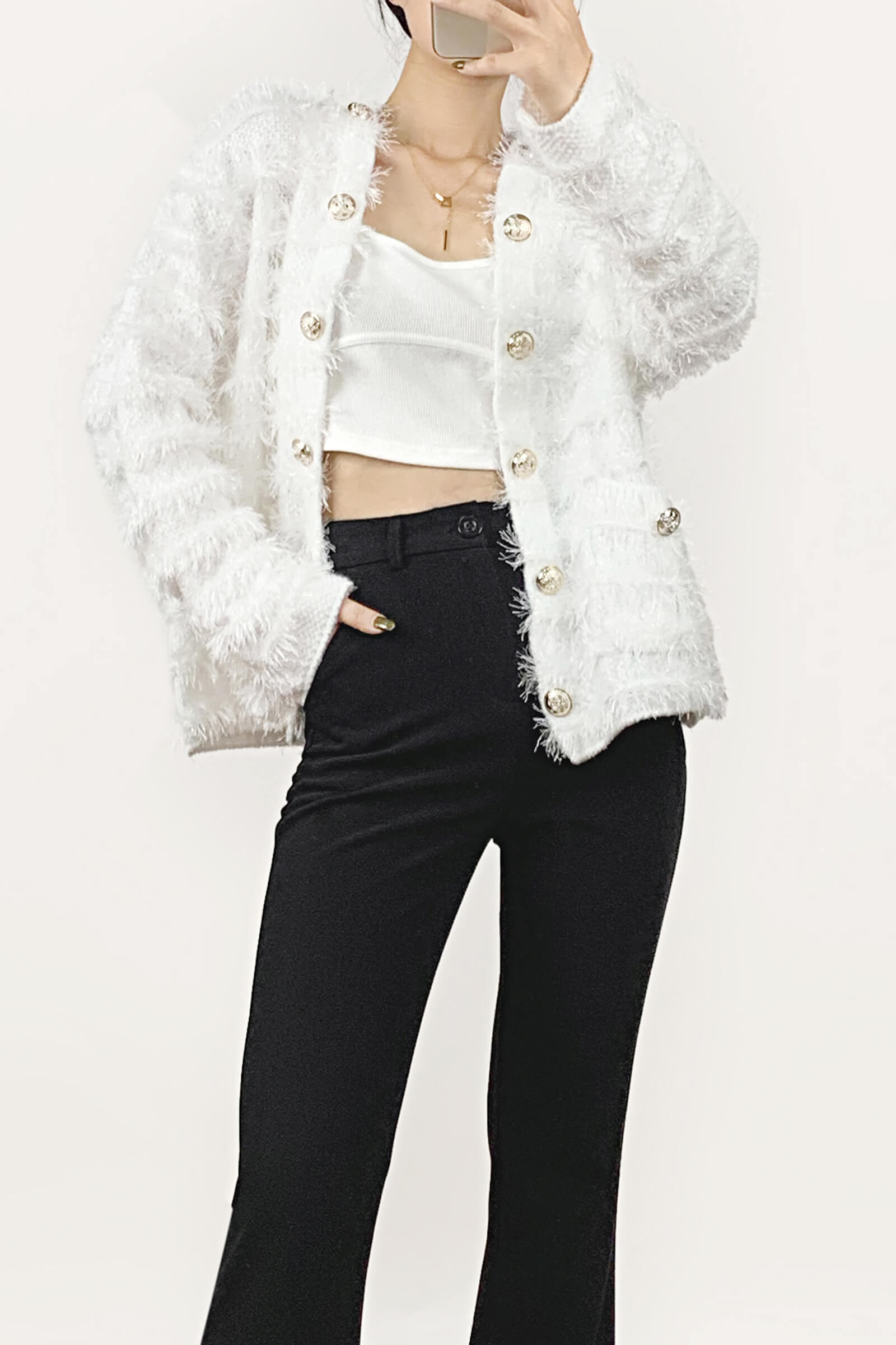White Frayed Trim Cardigan With Gold Buttons