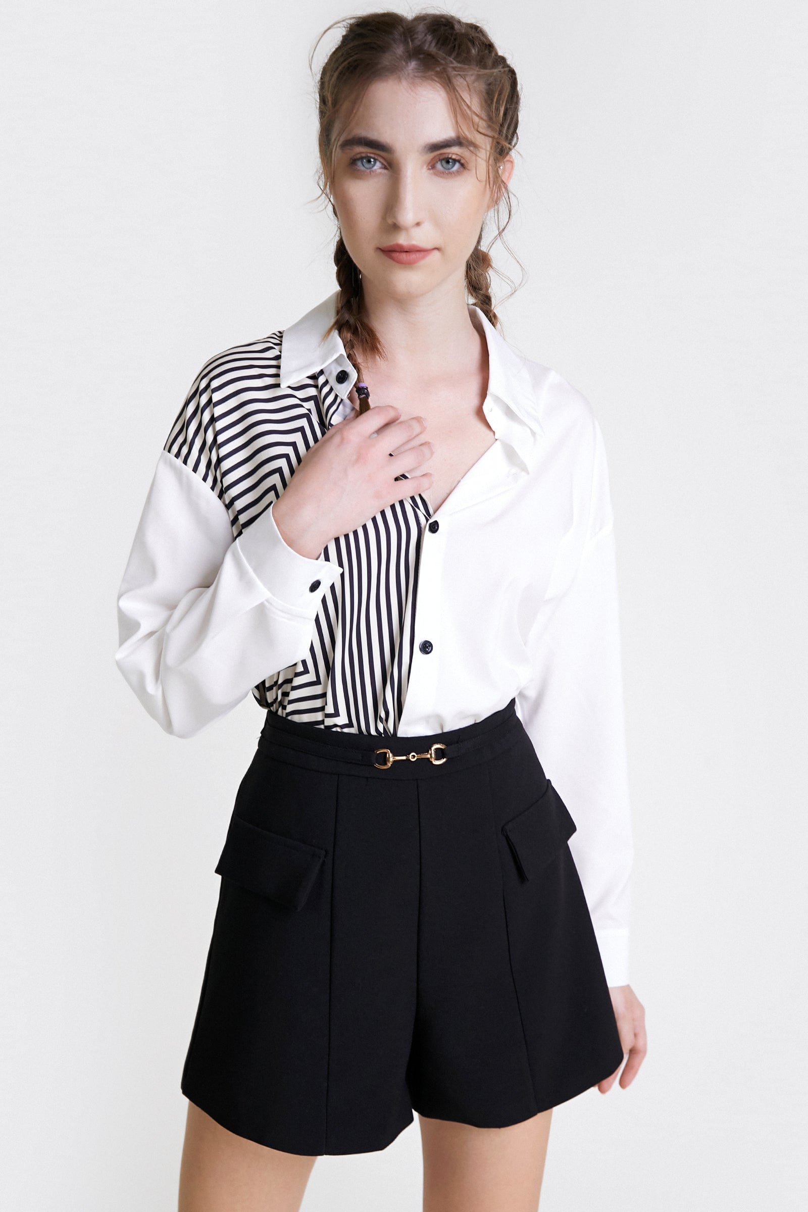 White Stripe Contrast Button Front Shirt