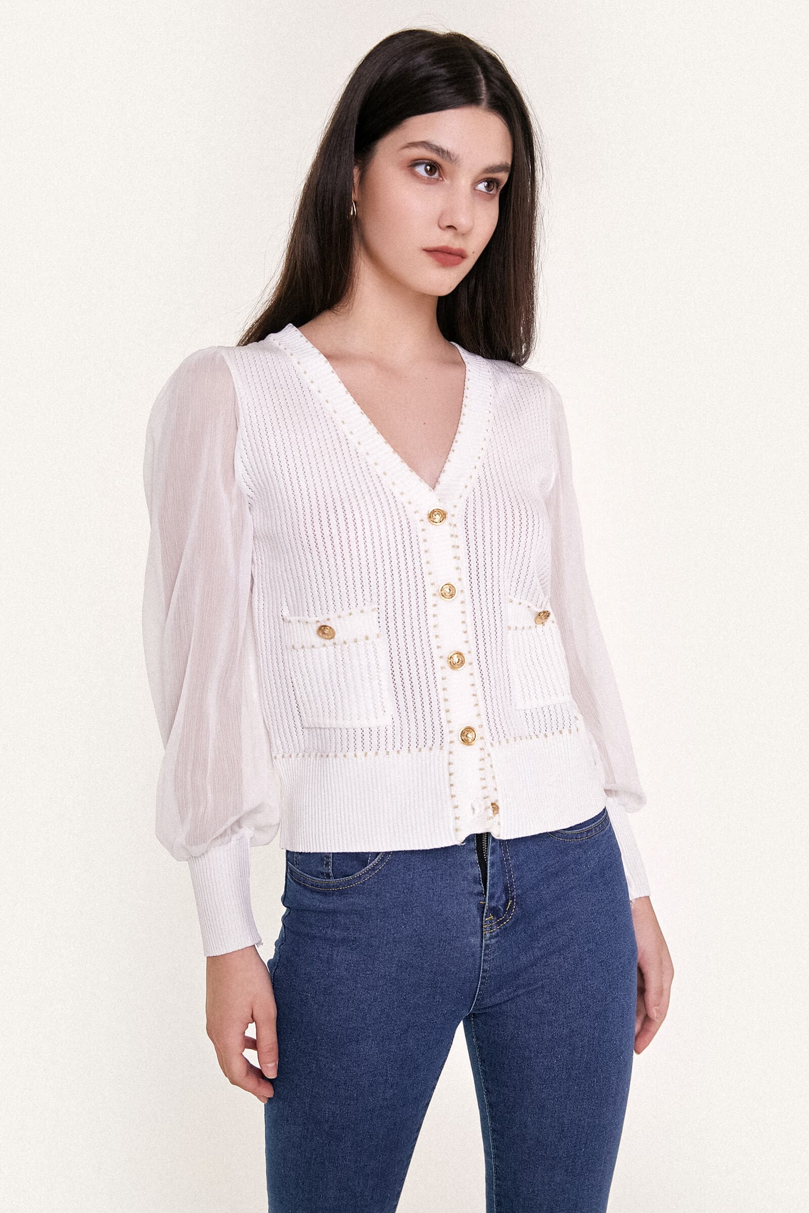 White Sheer Long Sleeve Pointelle-Knit Cardigan With Gold Buttons