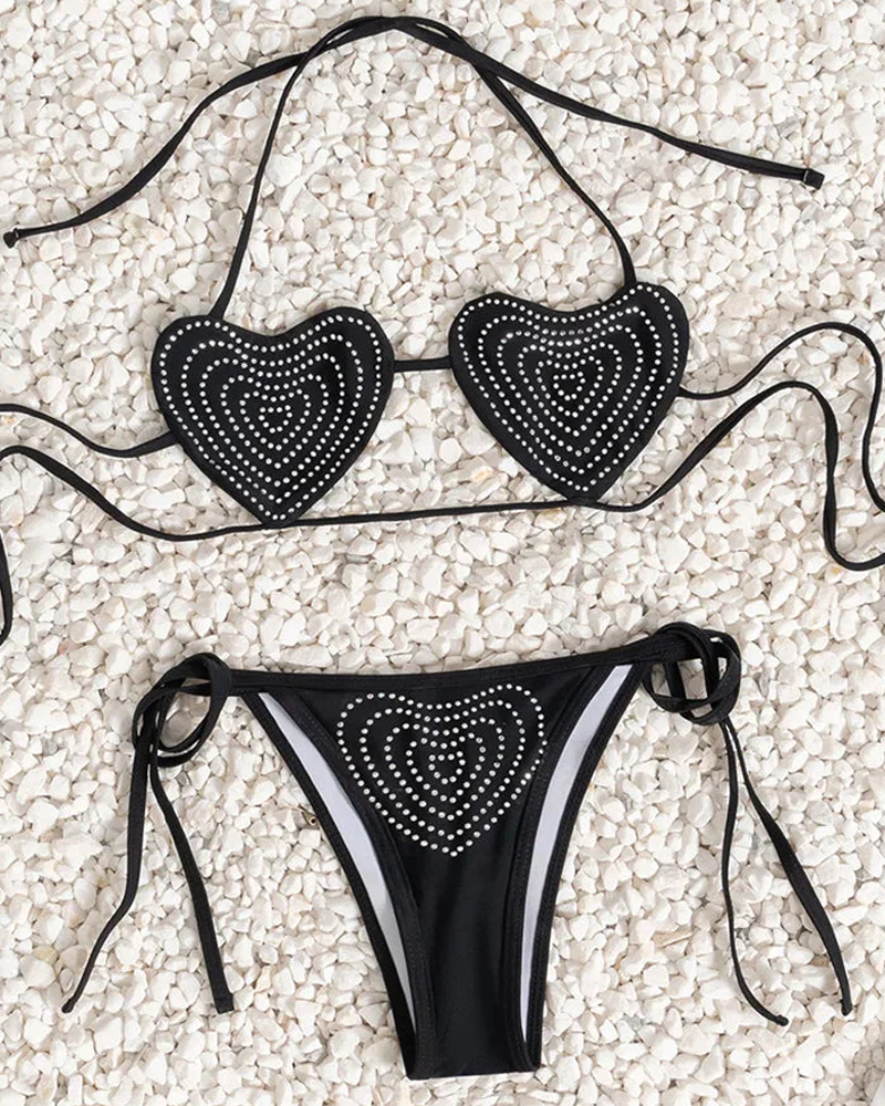 Women's Summer Heart Rhinestone Tie Side Low Waist Bikini Set