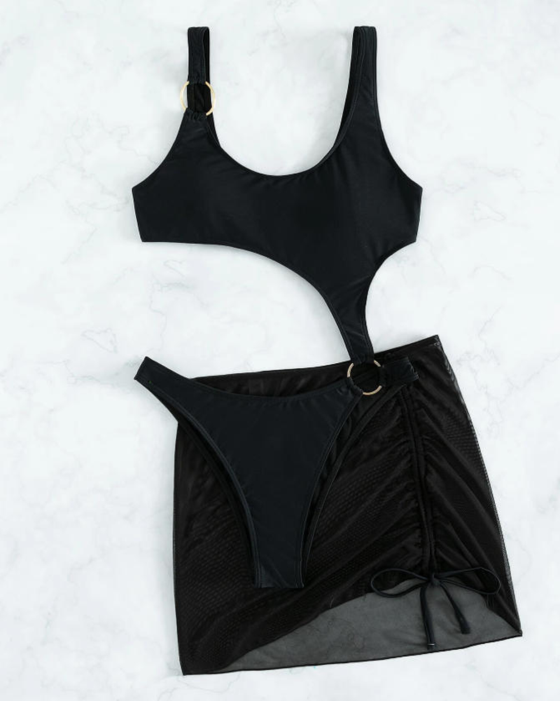 Sheer Mesh Backless Bikini with Cover-up Set