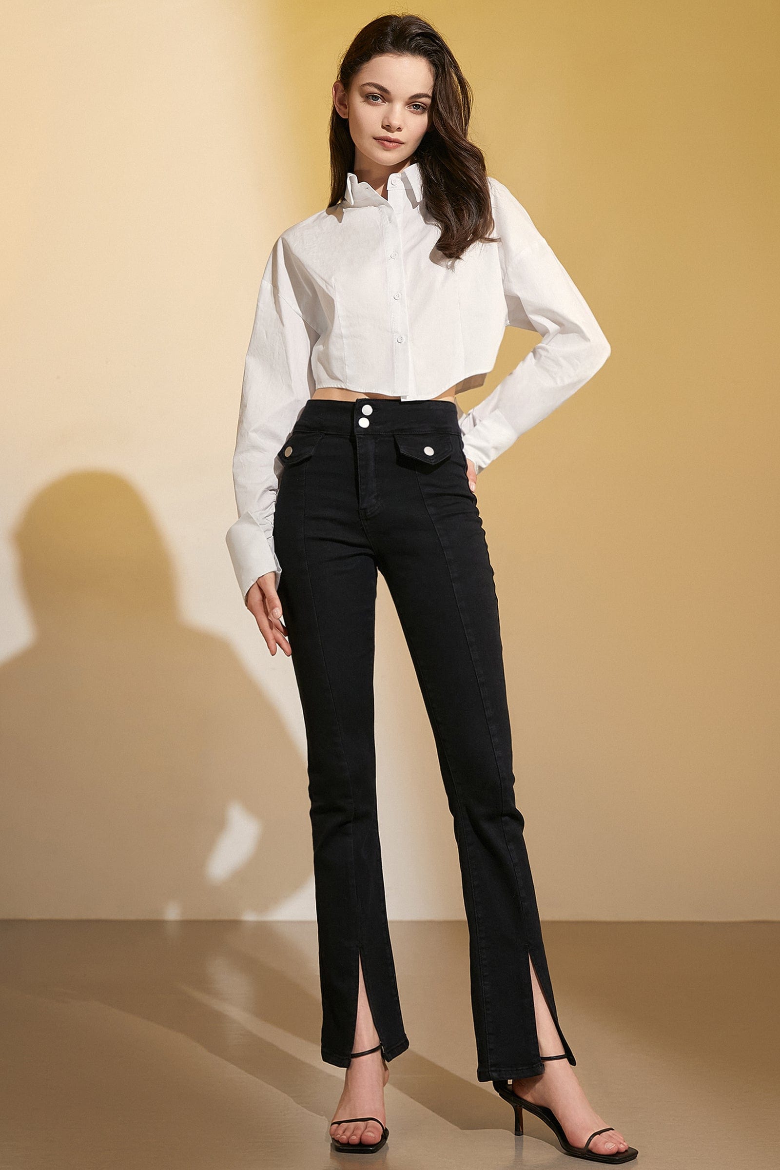 White Cropped Button-Up Lapel Collar Shirt