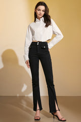 White Cropped Button-Up Lapel Collar Shirt