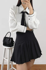 White Textured Bow Neck Balloon Sleeve Shirt