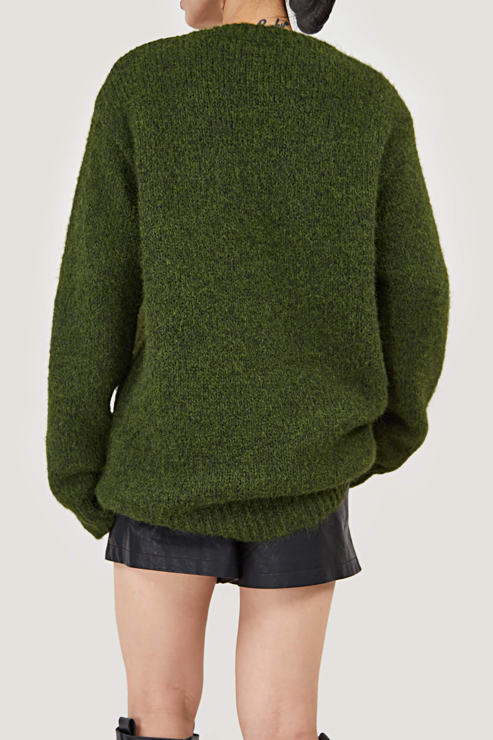 Dark Olive GreenFuzzy Knit V-Neck Oversized Sweater