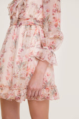 Pink Floral Print Long Sleeve Ruffled Tie Neck Chiffon Mini Dress
