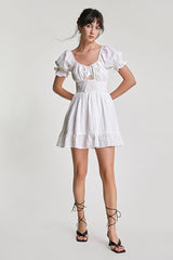 White Deep V-Neck Underbust Cut Out Smocked Waist Mini Dress