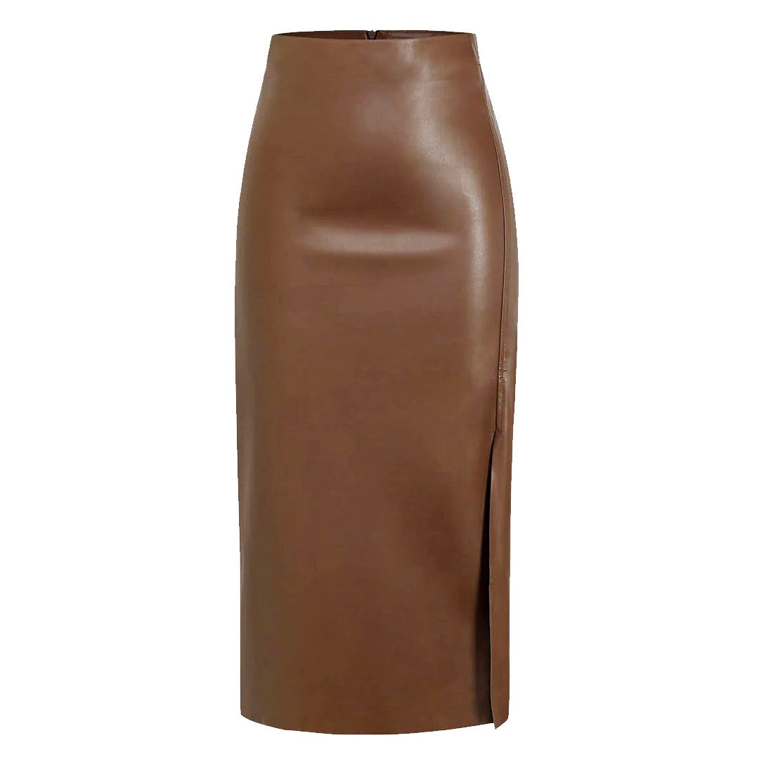 Side Split PU Leather Midi Skirt