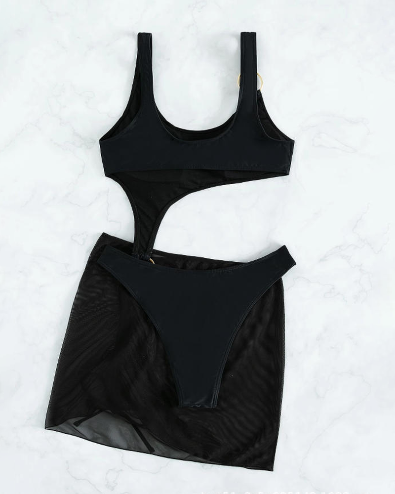Sheer Mesh Backless Bikini with Cover-up Set