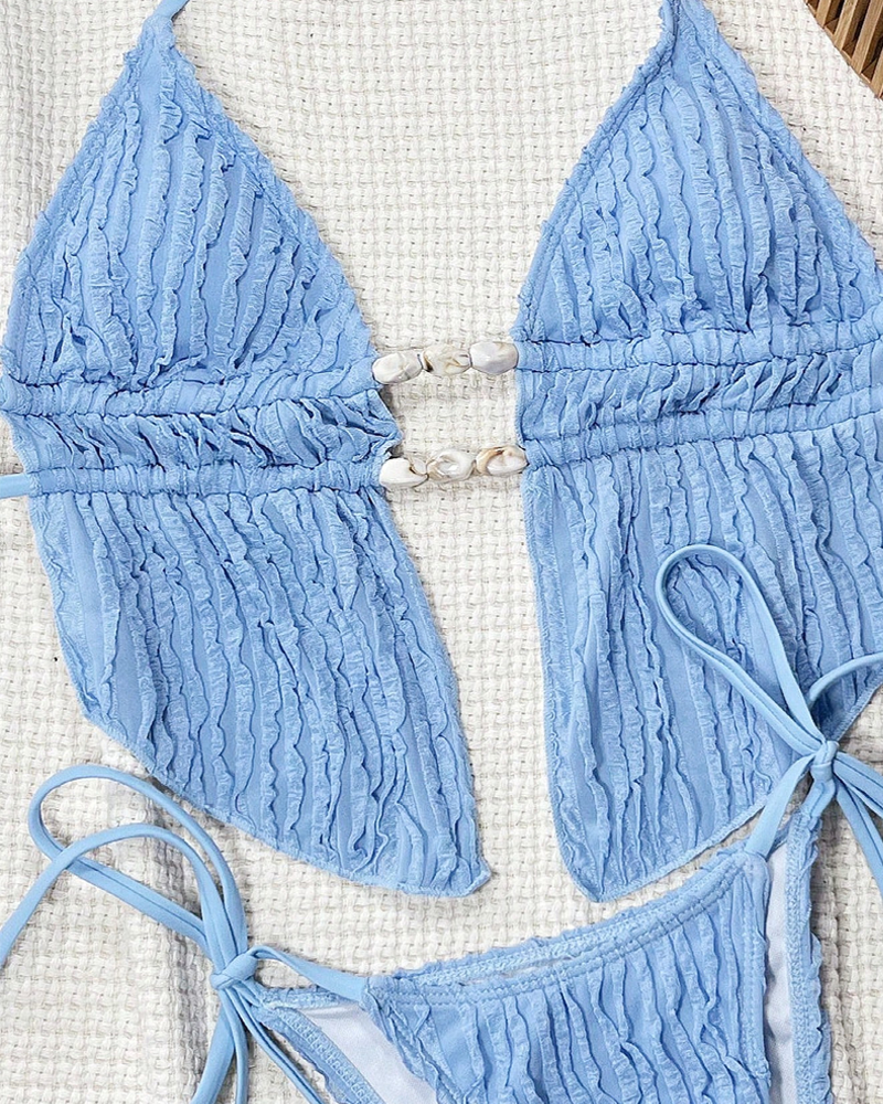 Solid Color Halter Strappy Two-Piece Bikini Set