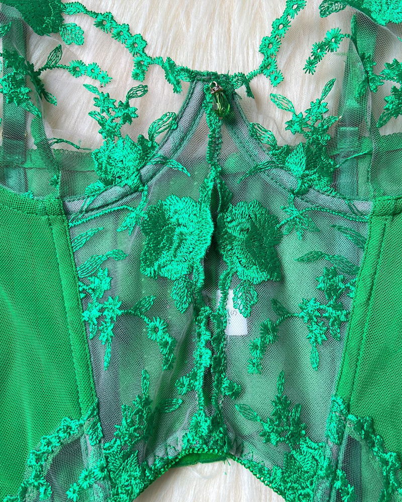 Sheer Embroidered Mesh Lingerie Set