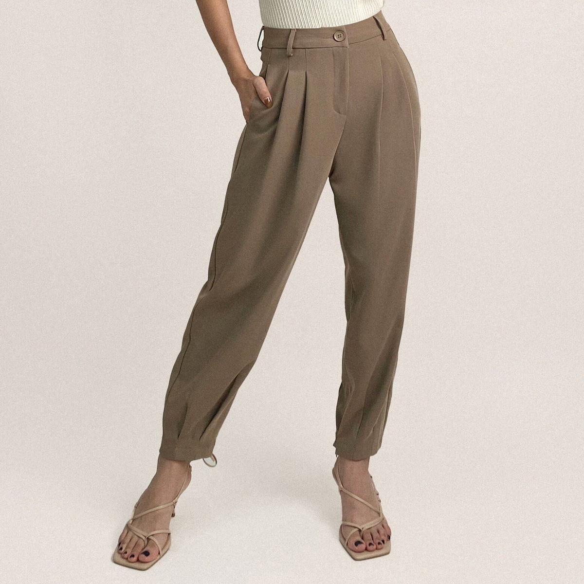 Tan Barrel Leg High Rise Pants