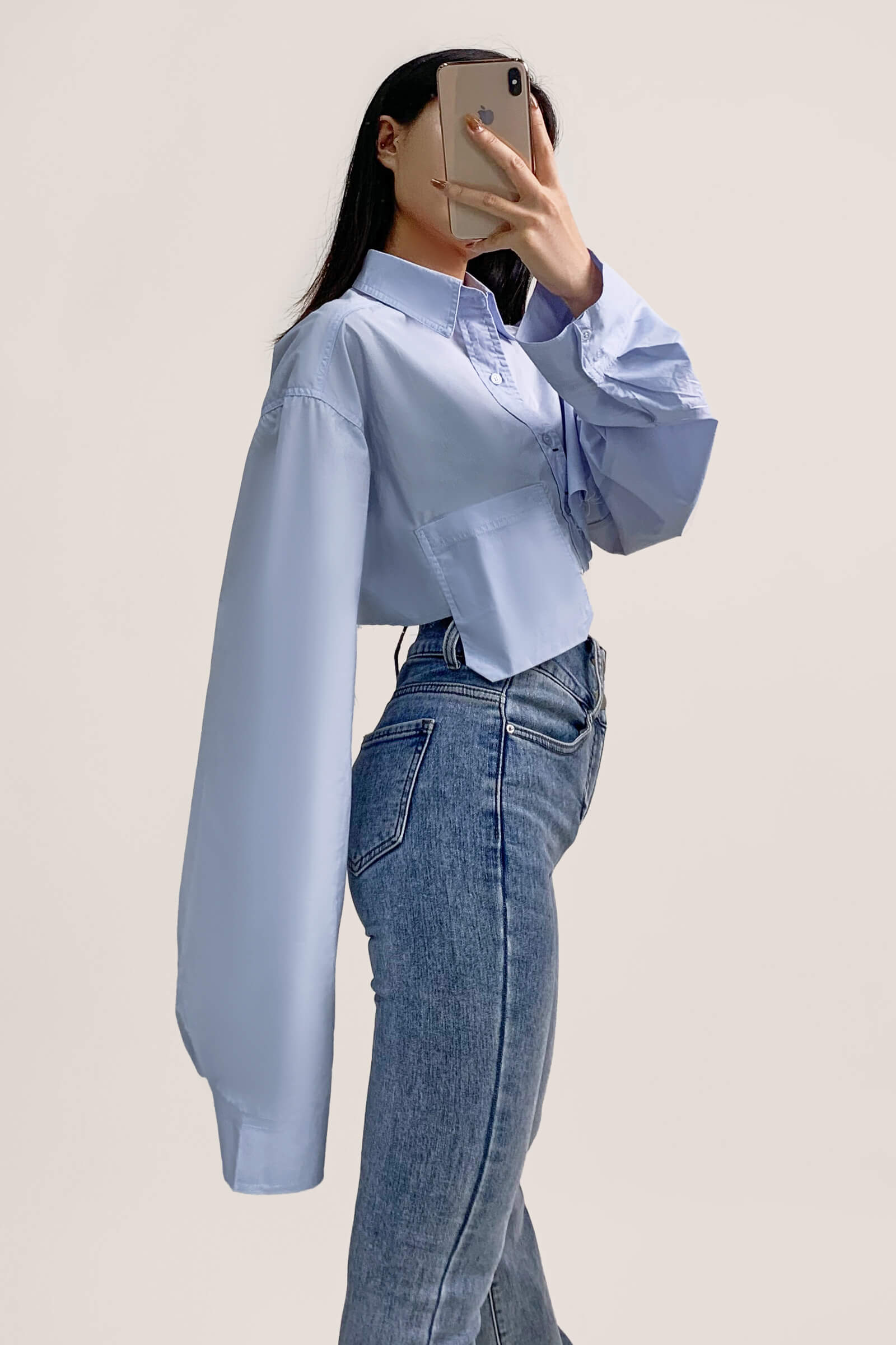 Light Blue Pocket Detail Cropped Shirt