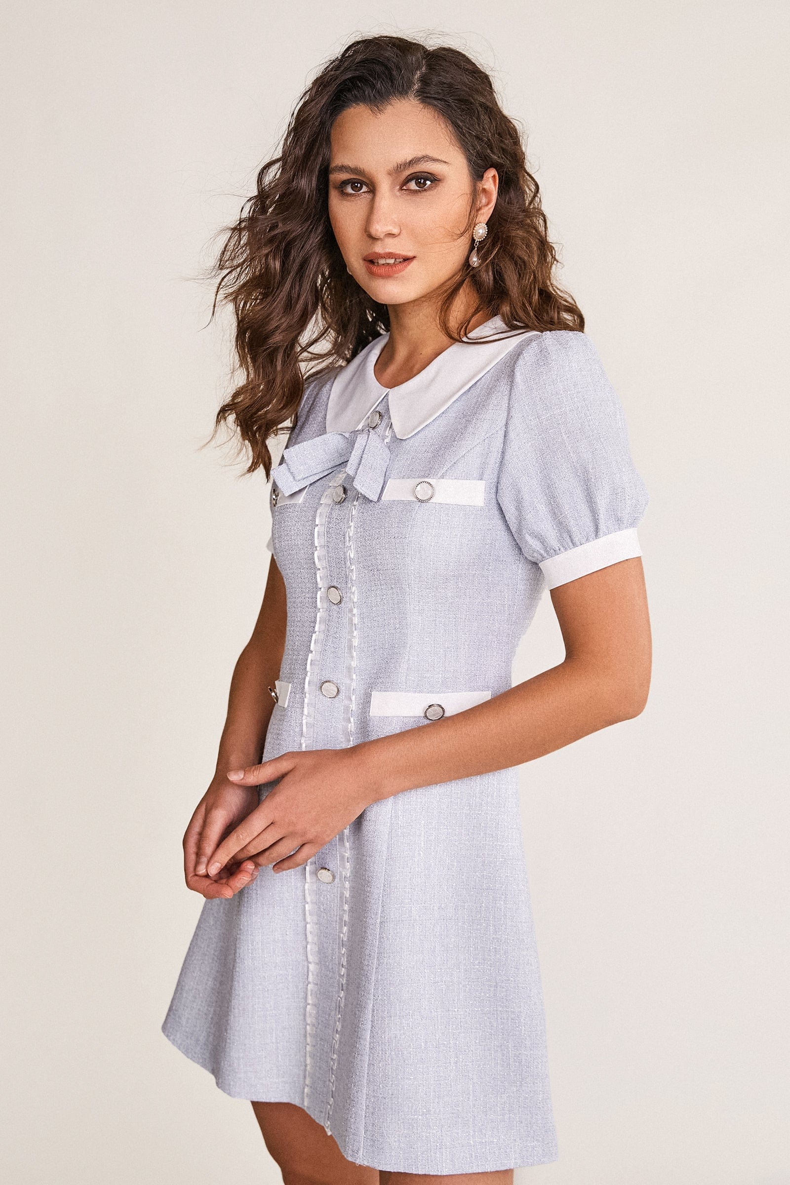 Light Blue Collared Button Detail A-Line Tweed Mini Dress