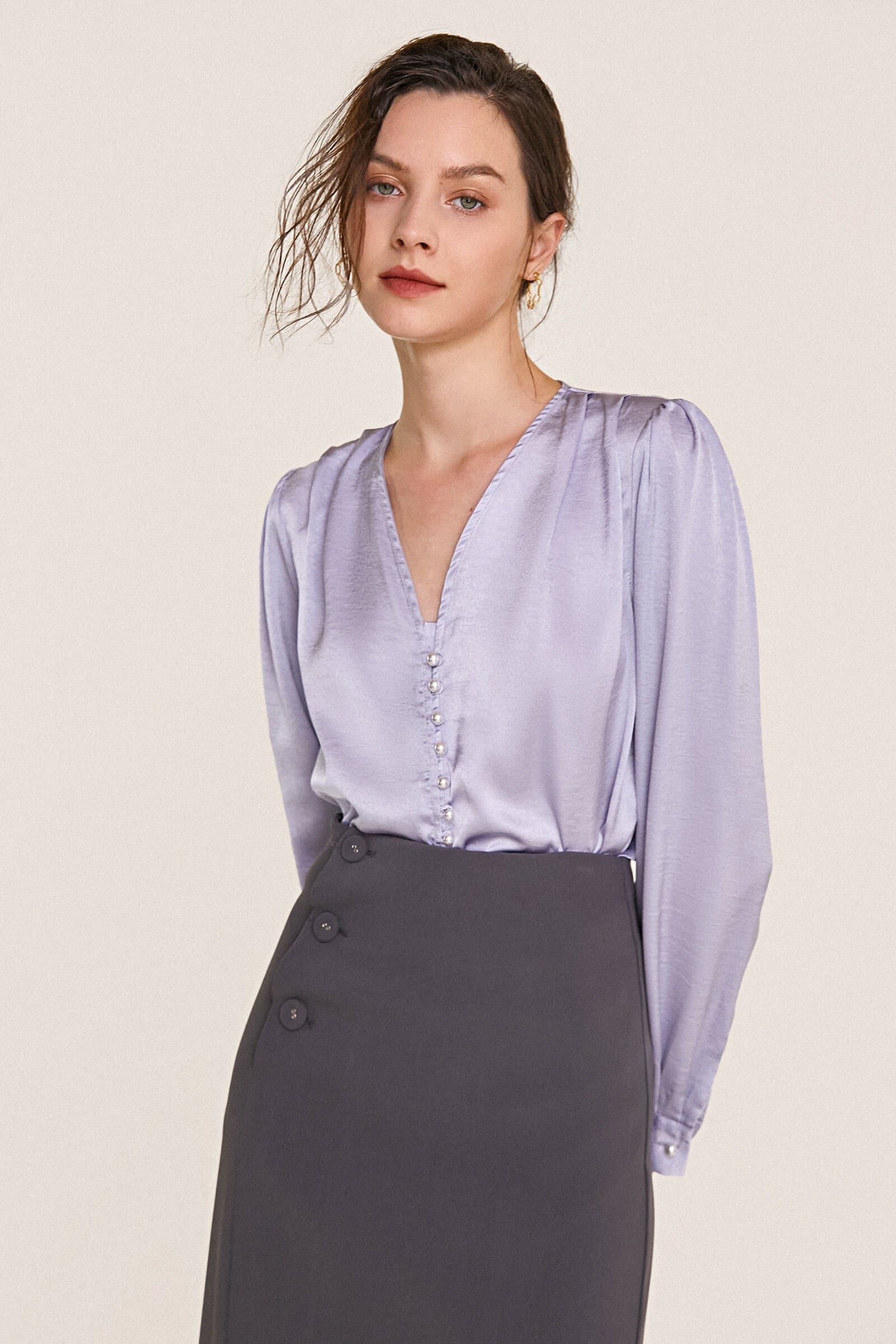 Light Steel Blue V-Neck Long Sleeve Satin Work Blouse