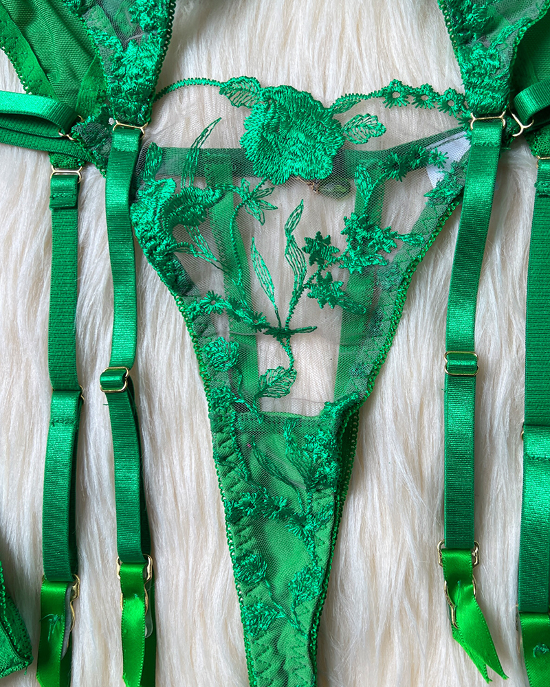 Sheer Embroidered Mesh Lingerie Set