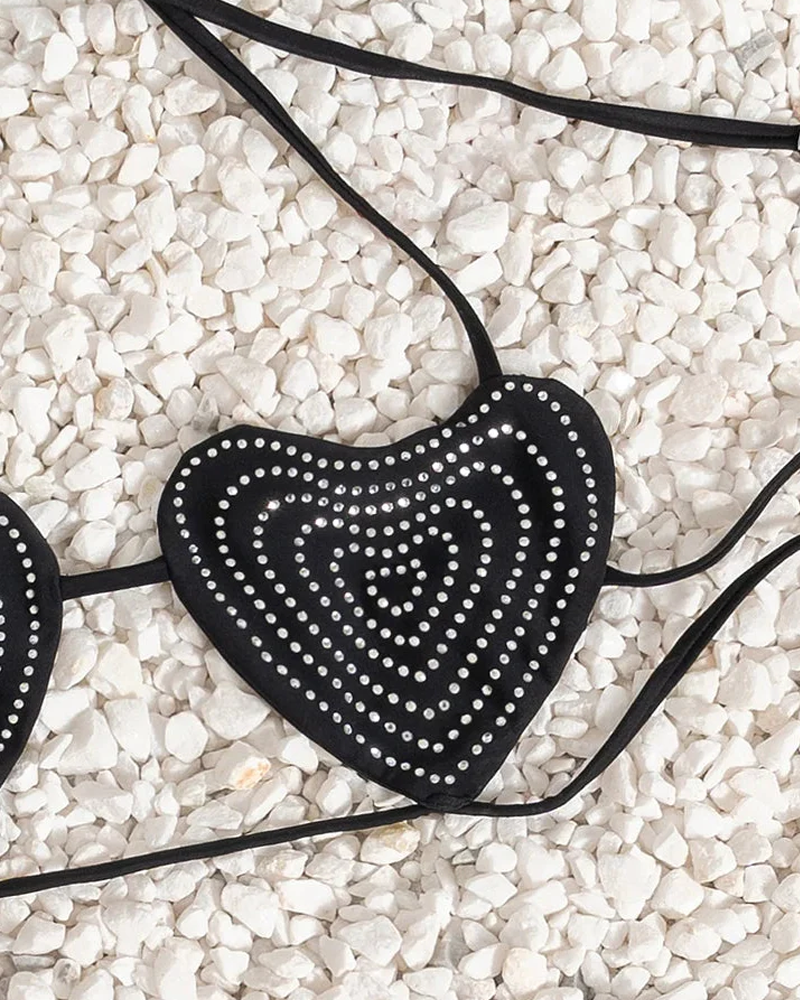 Women's Summer Heart Rhinestone Tie Side Low Waist Bikini Set