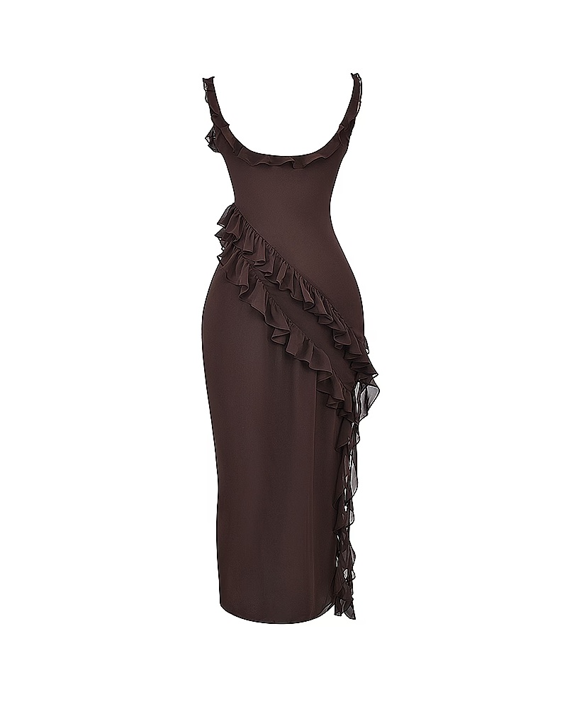 Ruffle Trim Slit Maxi Dress