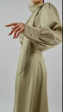 Dark Khaki Satin Ballon Sleeve Blouse