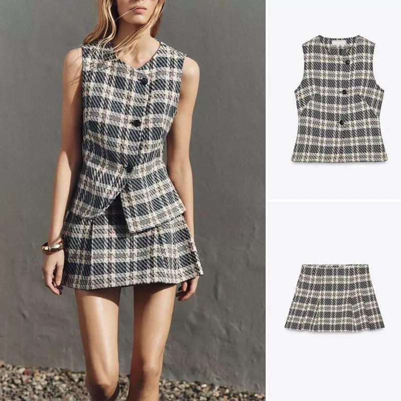 Plaid Tie Front Ruffle Tank Top and Dress Set