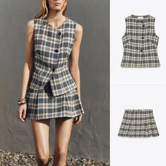 Plaid Tie Front Ruffle Tank Top and Dress Set