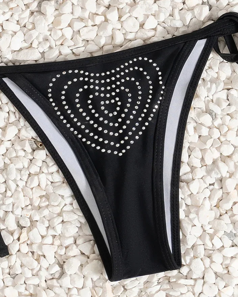 Women's Summer Heart Rhinestone Tie Side Low Waist Bikini Set