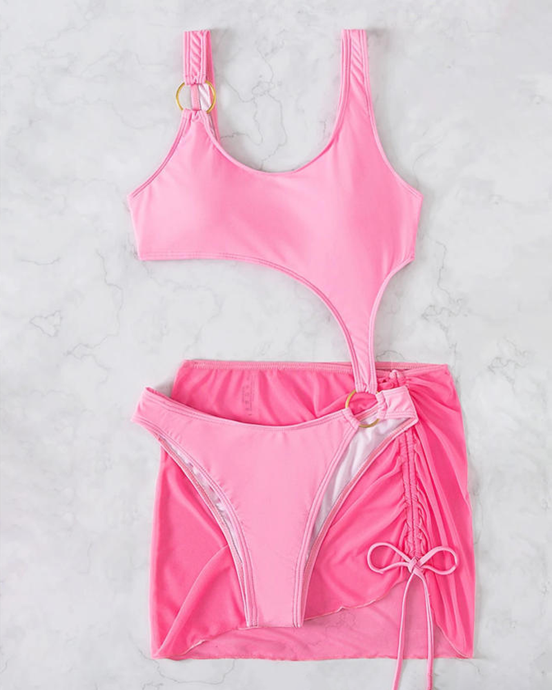 Sheer Mesh Backless Bikini with Cover-up Set