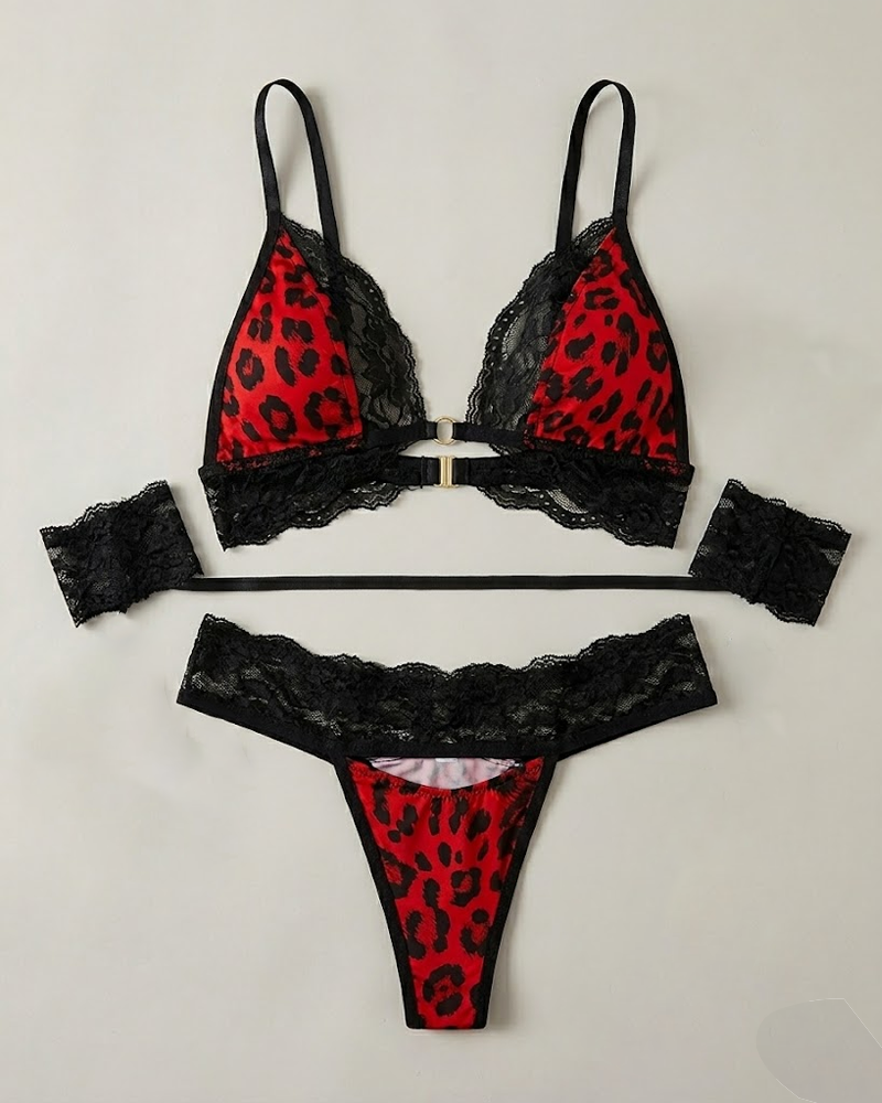 Leopard Print & Lace Lingerie Set with Lace Handcuffs