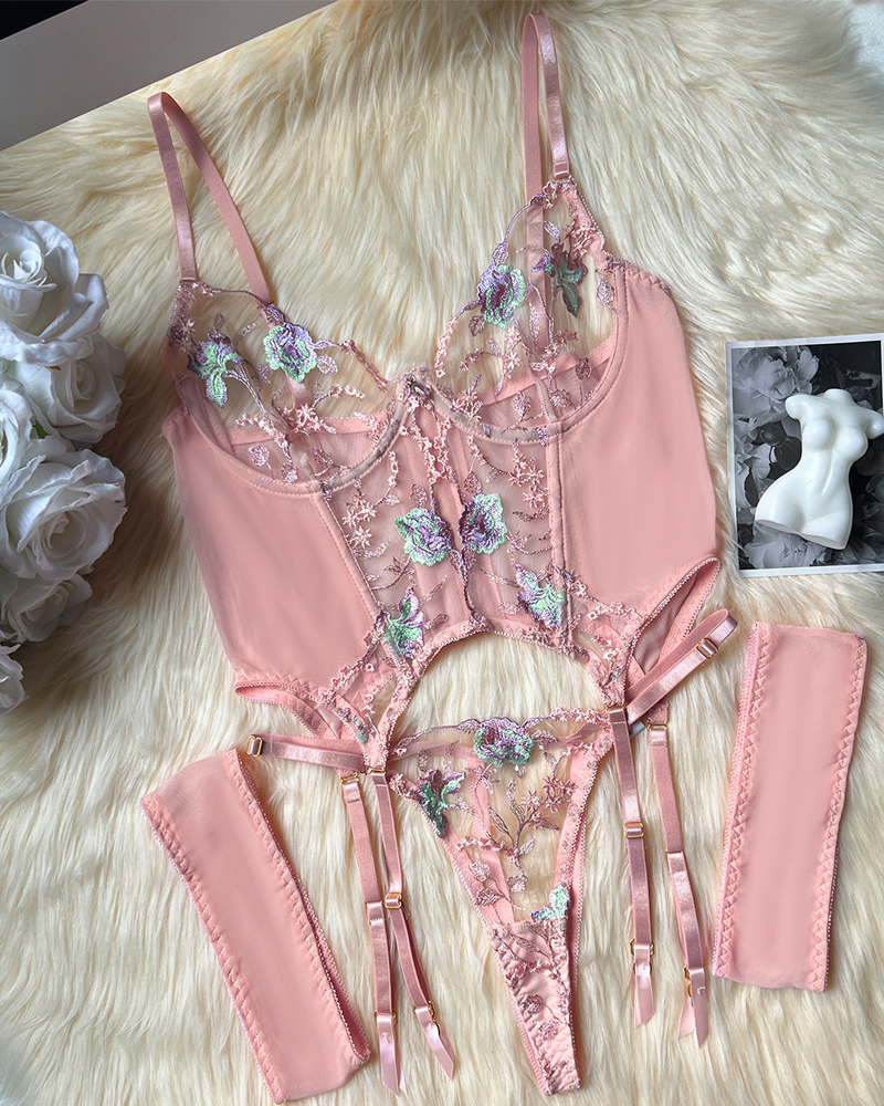 Sheer Embroidered Mesh Lingerie Set