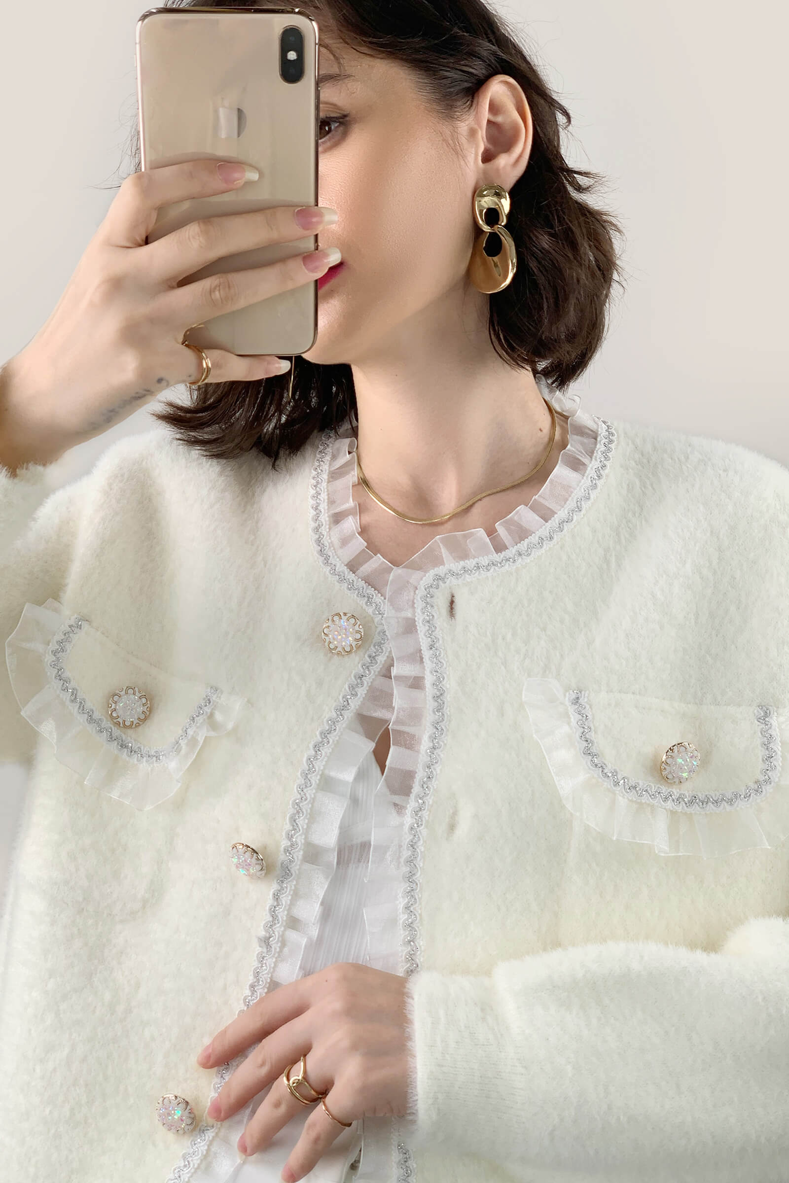 Ivory Faux Fur Ruffled Button-Up Cardigan