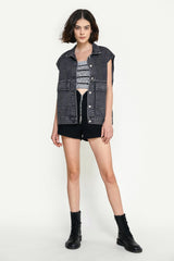 Black Collared Flap Pocket Button Front Denim Vest