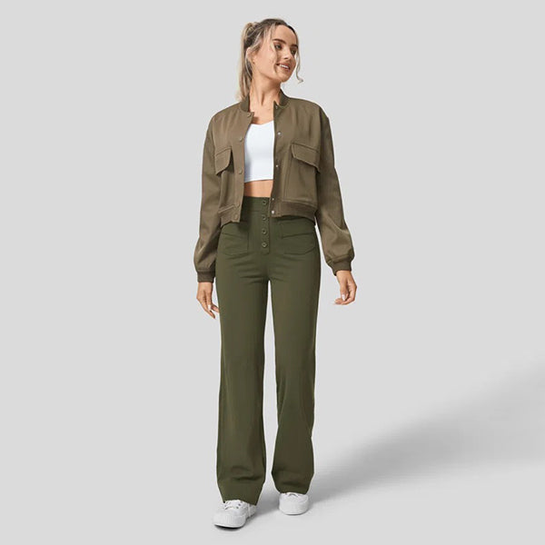 High Waisted Button Multiple Pockets Straight Leg Casual Pants