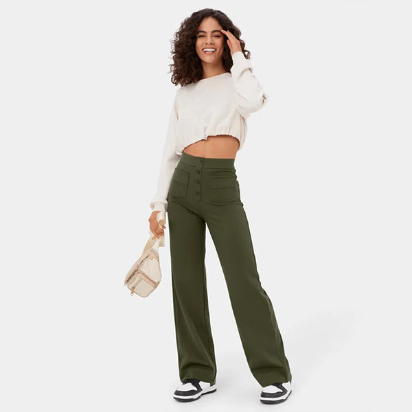 High Waisted Button Multiple Pockets Straight Leg Casual Pants
