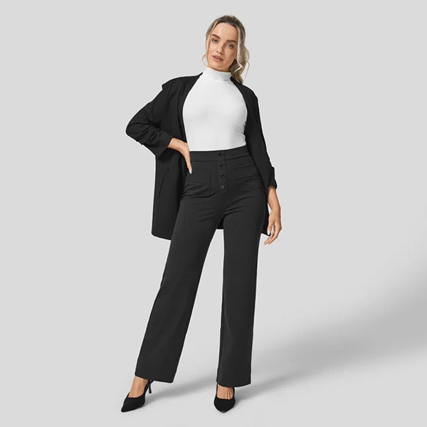 High Waisted Button Multiple Pockets Straight Leg Casual Pants