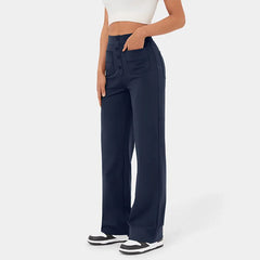 High Waisted Button Multiple Pockets Straight Leg Casual Pants