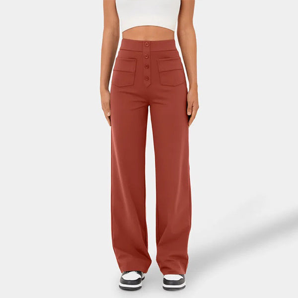 High Waisted Button Multiple Pockets Straight Leg Casual Pants